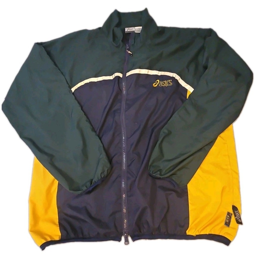 Vintage Asics Windbreaker Jacket Mens Large Colorblock Green Navy Yellow 90s